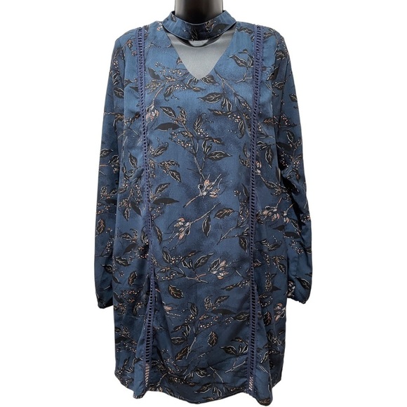 Paper Crane Navy Floral Print Choker Shift Style Dress Long Sleeve Zip Back Med - Picture 2 of 13